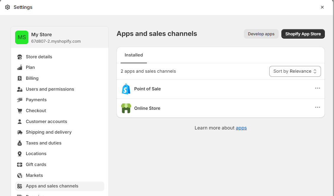 Shopify Apps settings