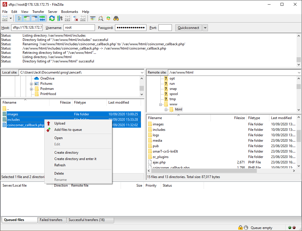 Uploading the Zen Cart plugin using FileZilla