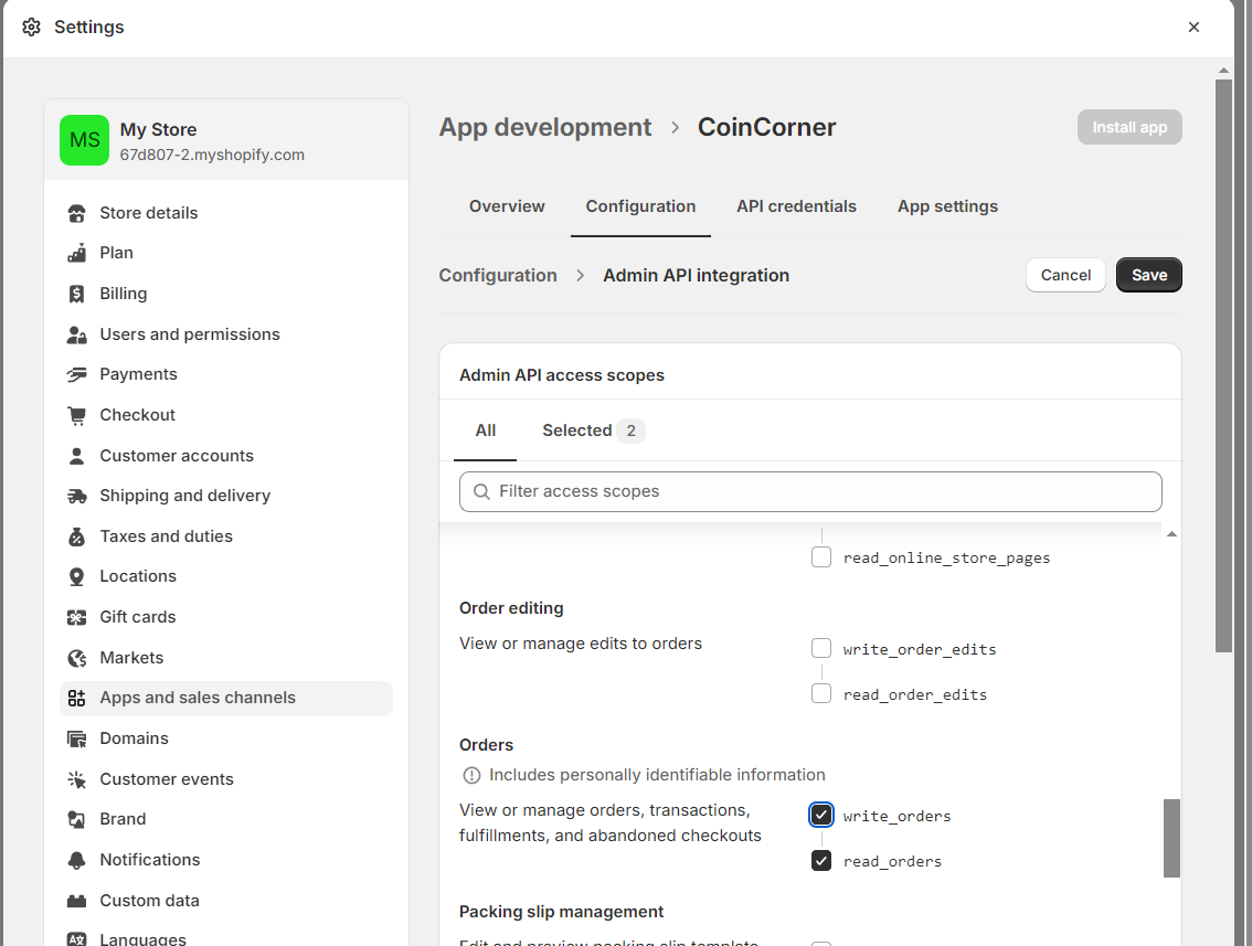 Shopify API scopes
